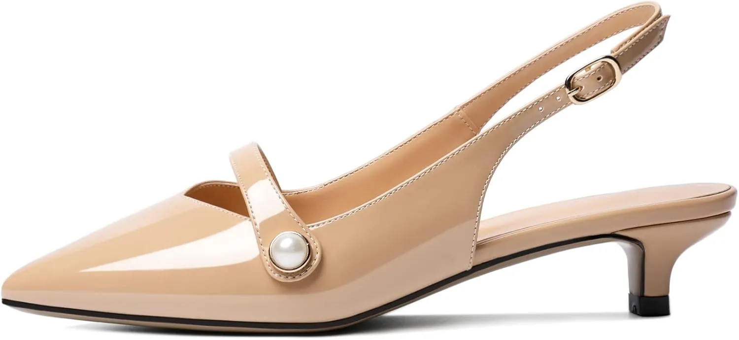 Zamikoo Kitten Heels for Women with Pearl Strap, Low Heel Slingback Sandals, Pointed Toe Dress Pumps Shoes for Work Office Casual 1.5 Inches