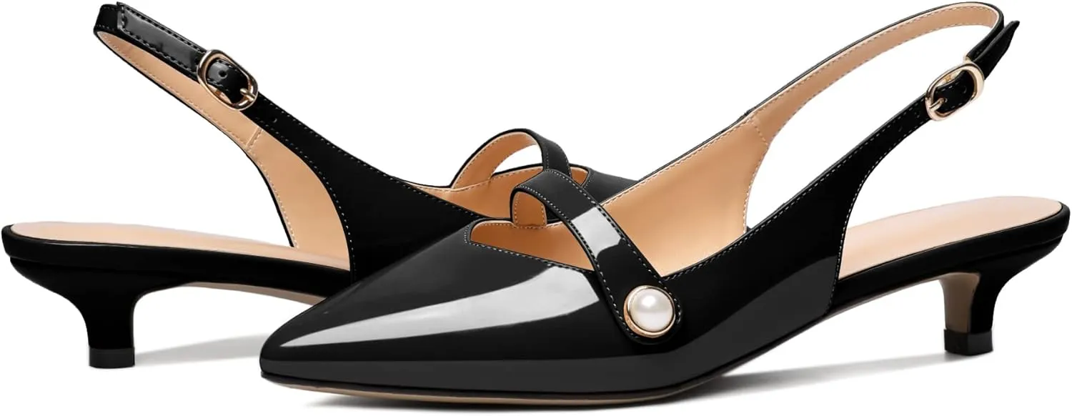 Zamikoo Kitten Heels for Women with Pearl Strap, Low Heel Slingback Sandals, Pointed Toe Dress Pumps Shoes for Work Office Casual 1.5 Inches