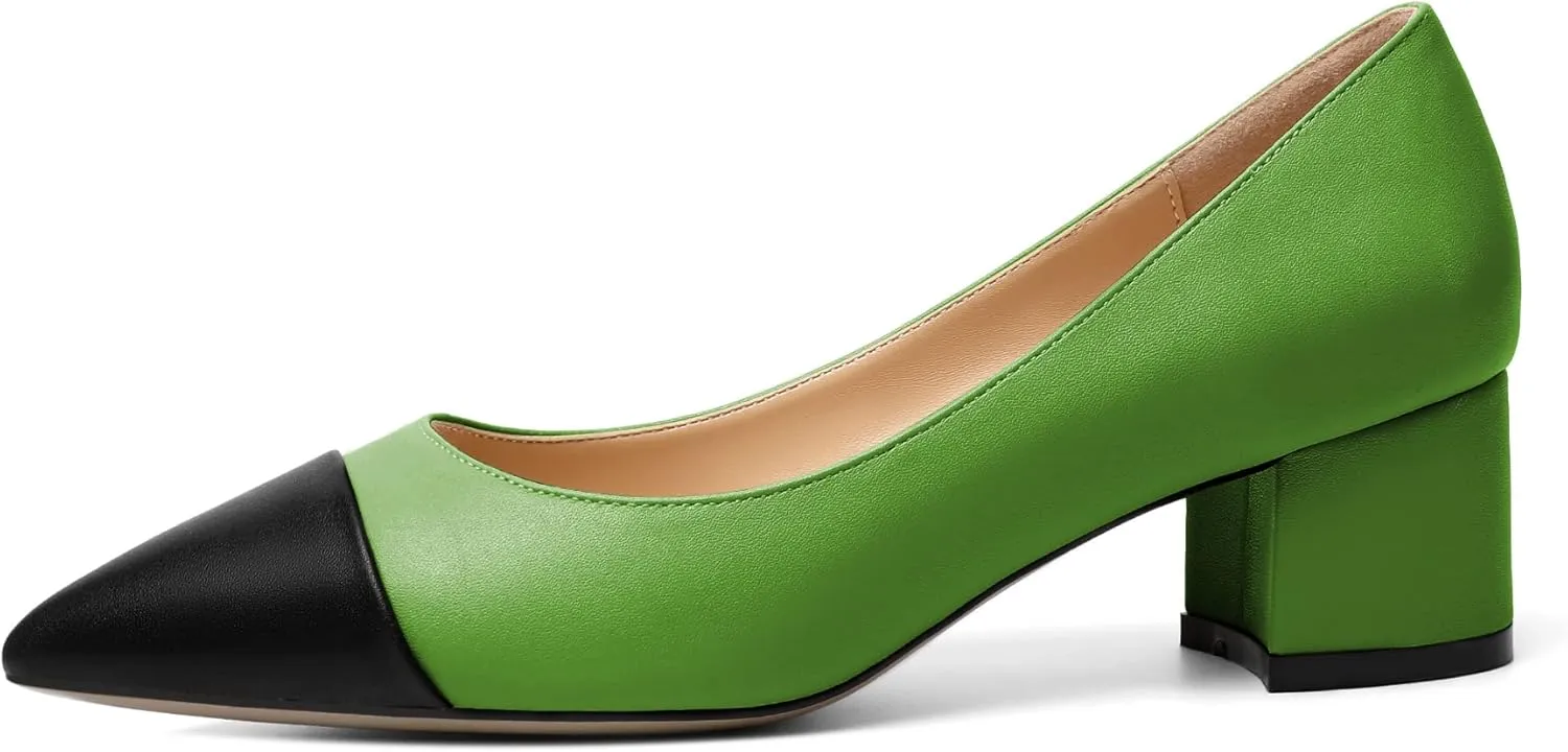 Zamikoo Women's Block Heel Pumps, Pointed Toe Slip on Classic Chunky Low Heel Cap Toe Dress Shoes for Office Wedding Work Evening 2 Inches