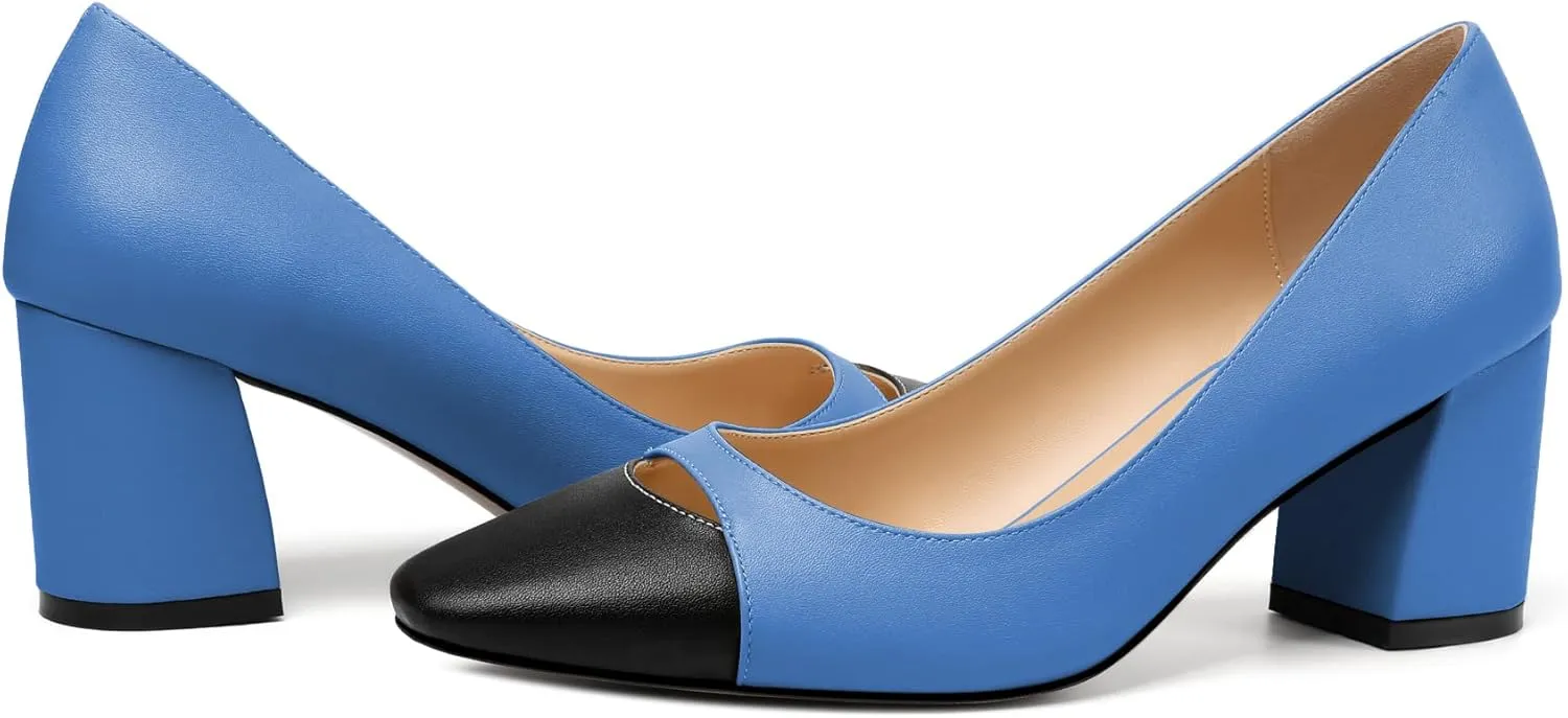 Zamikoo Women's Block Mid Heel Pumps Square Toe Slip-on Chunky Heels Ladies Work Office Dress Shoes 2.5 Inch