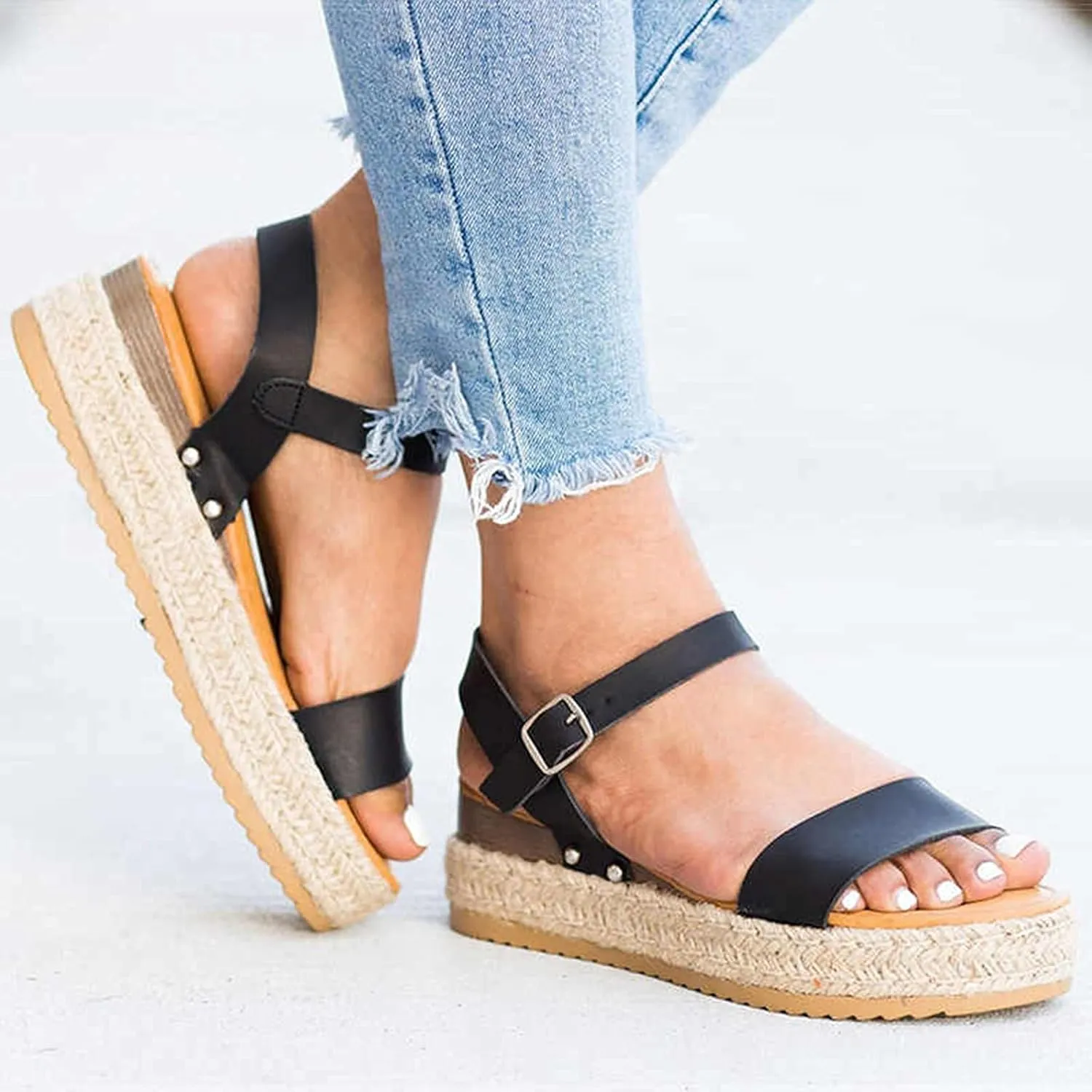 ZBYY Womens Open Toe Casual Ankle Strap Sandals Buckle Espadrilles Flatform Wedge Casual Sandals Comfort Dress Shoes
