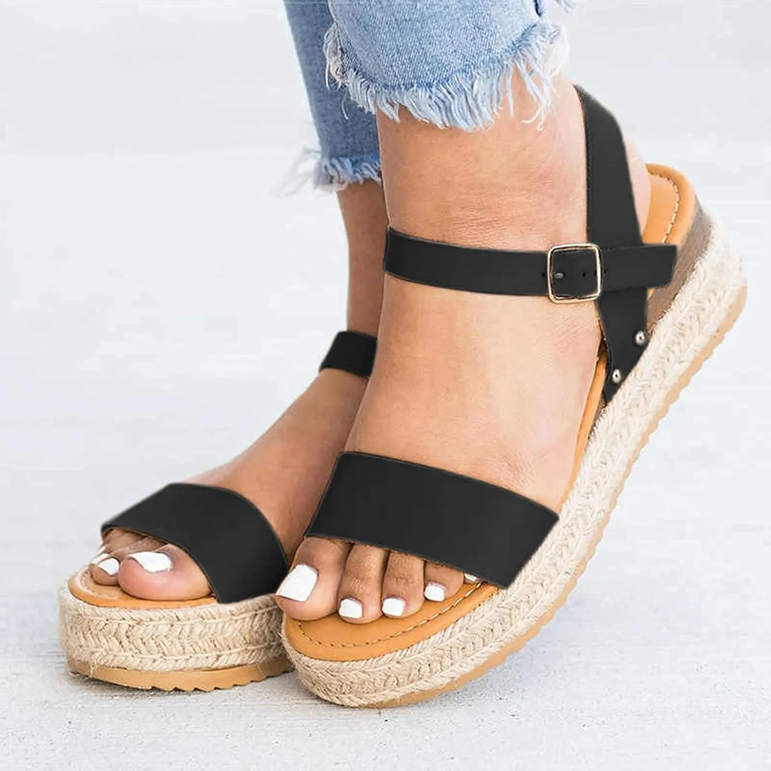 ZBYY Womens Open Toe Casual Ankle Strap Sandals Buckle Espadrilles Flatform Wedge Casual Sandals Comfort Dress Shoes